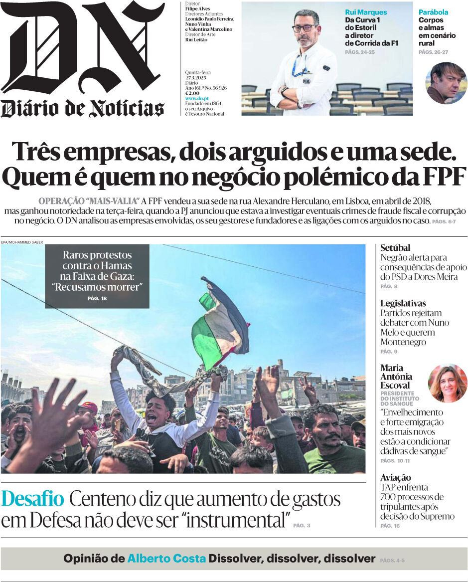 Di&aacute;rio de Not&iacute;cias: Capa da Edi&ccedil;&atilde;o de quinta-feira, 27 de mar&ccedil;o 2025