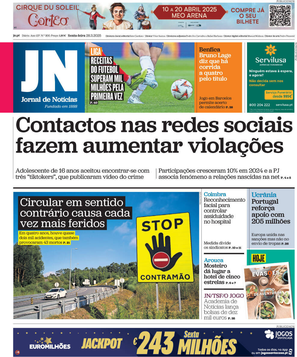 Jornal de Not&iacute;cias: Capa da Edi&ccedil;&atilde;o de sexta-feira, 28 de mar&ccedil;o 2025