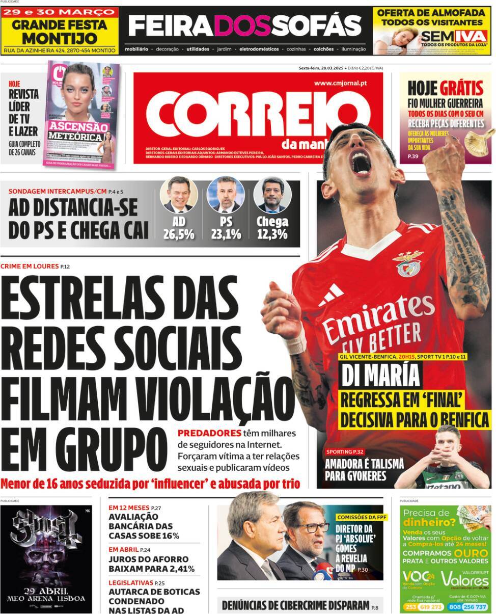 Correio da Manh&atilde;: Capa da Edi&ccedil;&atilde;o de sexta-feira, 28 de mar&ccedil;o 2025