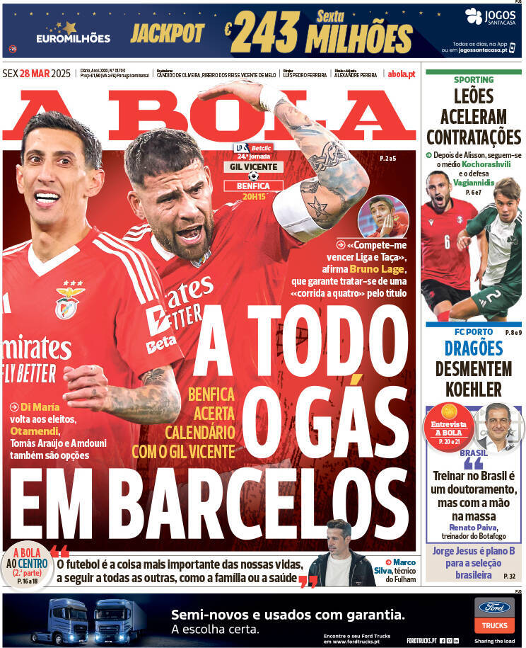 A Bola: Capa da Edi&ccedil;&atilde;o de sexta-feira, 28 de mar&ccedil;o 2025