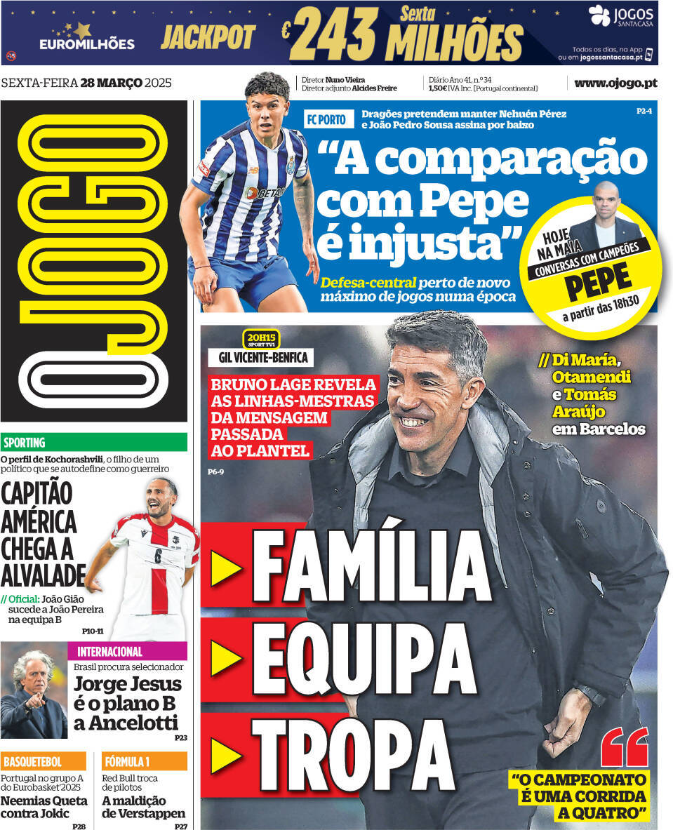 O Jogo: Capa da Edi&ccedil;&atilde;o de sexta-feira, 28 de mar&ccedil;o 2025