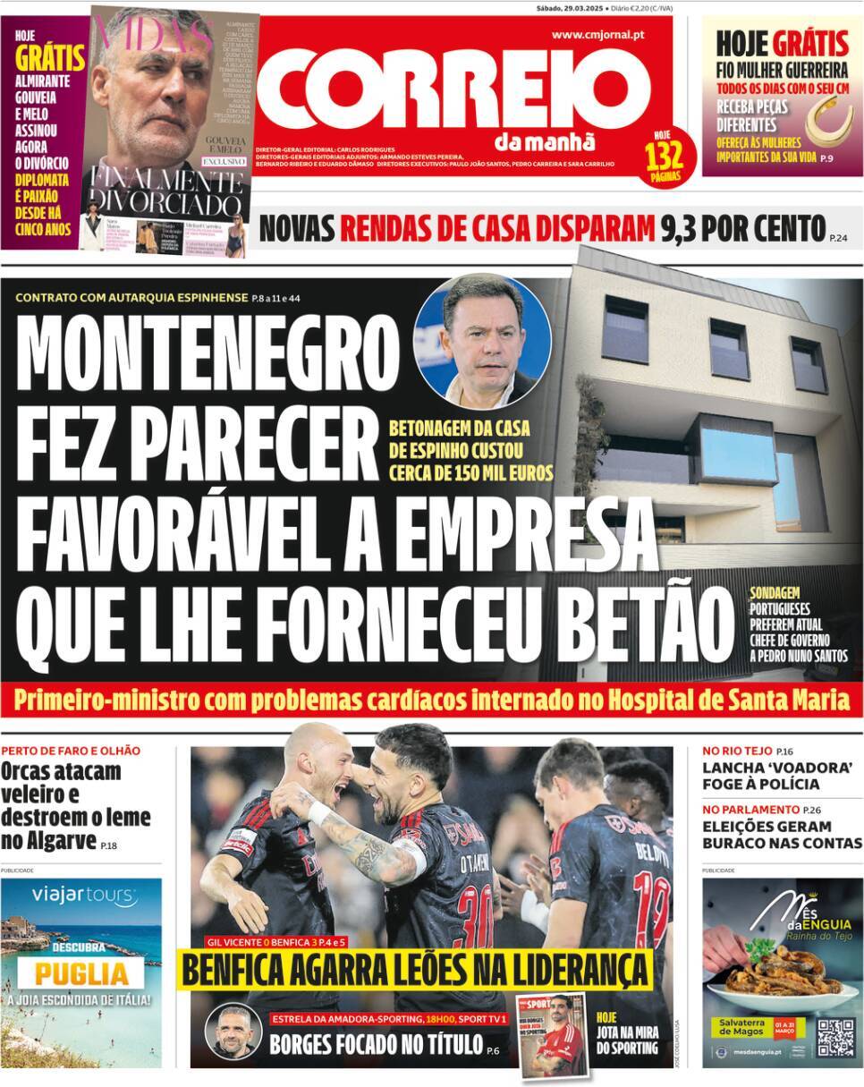 Correio da Manh&atilde;: Capa da Edi&ccedil;&atilde;o de s&aacute;bado, 29 de mar&ccedil;o 2025