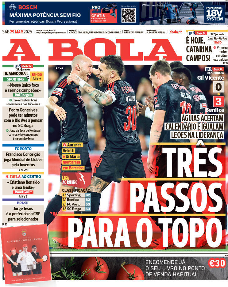 A Bola: Capa da Edi&ccedil;&atilde;o de s&aacute;bado, 29 de mar&ccedil;o 2025