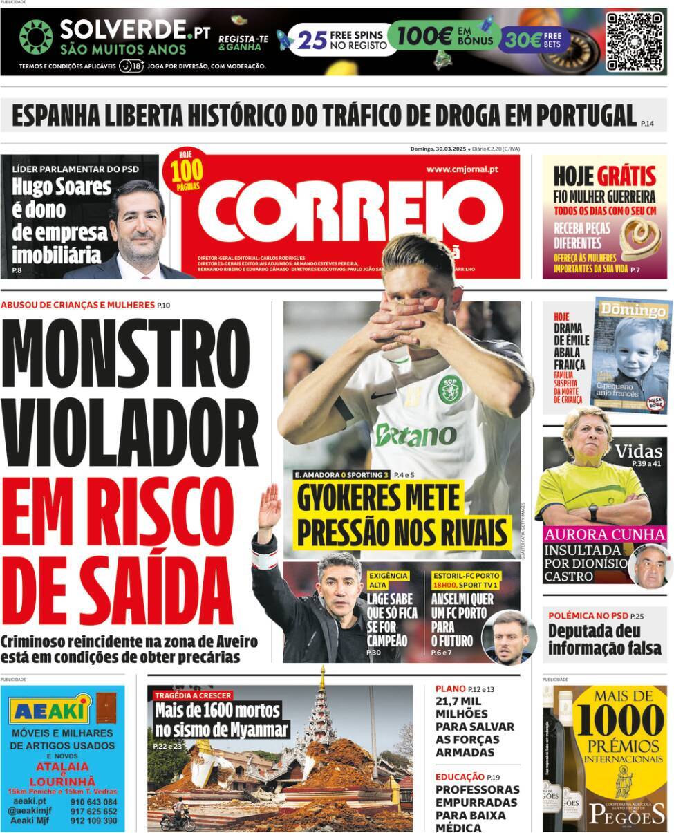 Correio da Manh&atilde;: Capa da Edi&ccedil;&atilde;o de domingo, 30 de mar&ccedil;o 2025