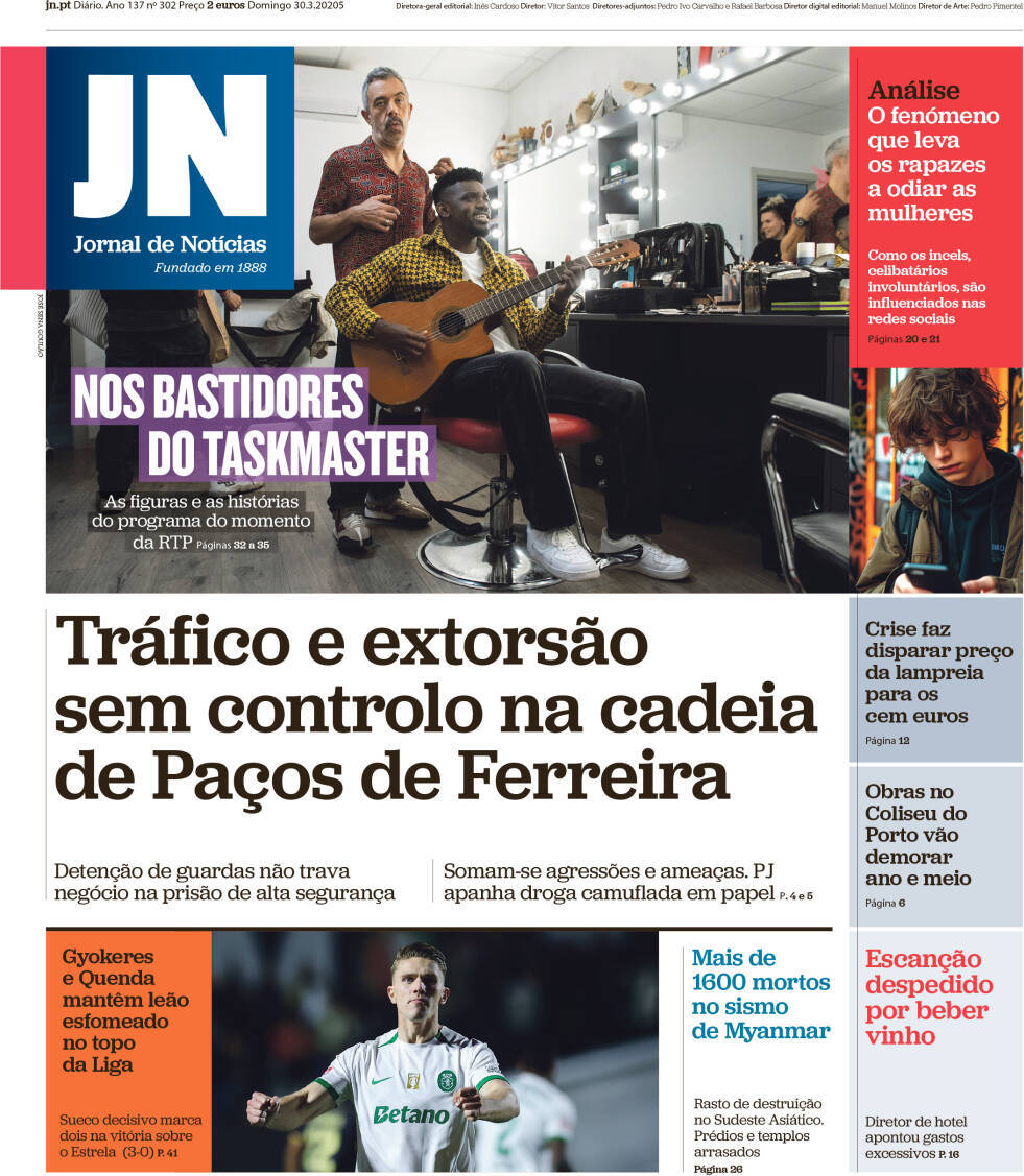 Jornal de Not&iacute;cias: Capa da Edi&ccedil;&atilde;o de domingo, 30 de mar&ccedil;o 2025