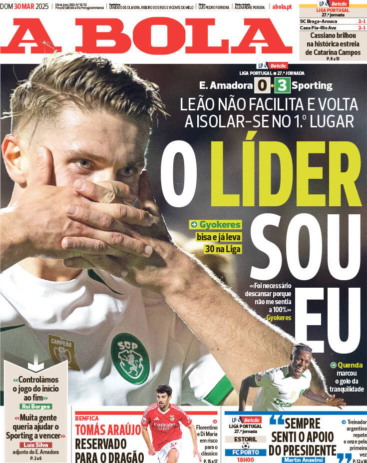 A Bola: Capa da Edi&ccedil;&atilde;o de domingo, 30 de mar&ccedil;o 2025