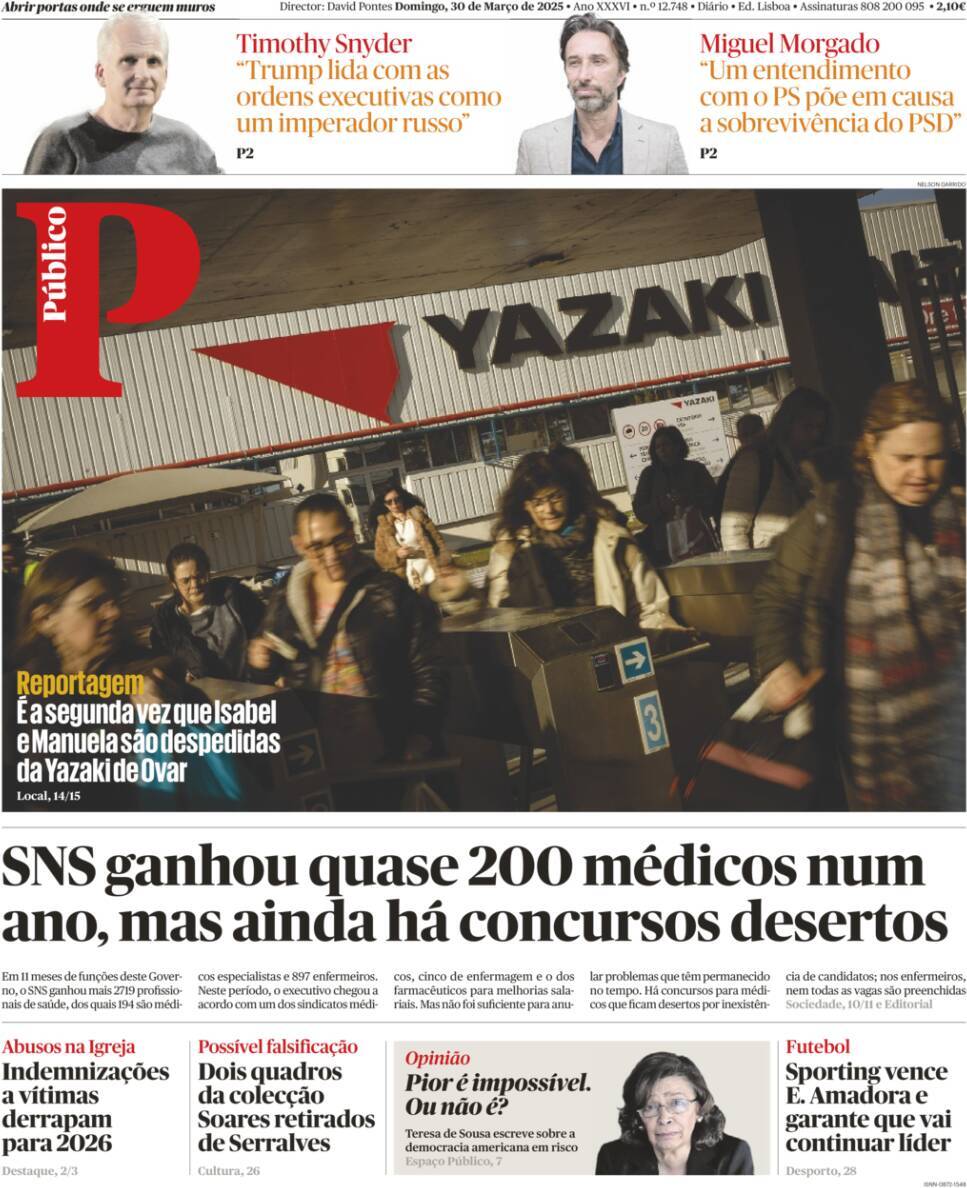 P&uacute;blico: Capa da Edi&ccedil;&atilde;o de domingo, 30 de mar&ccedil;o 2025
