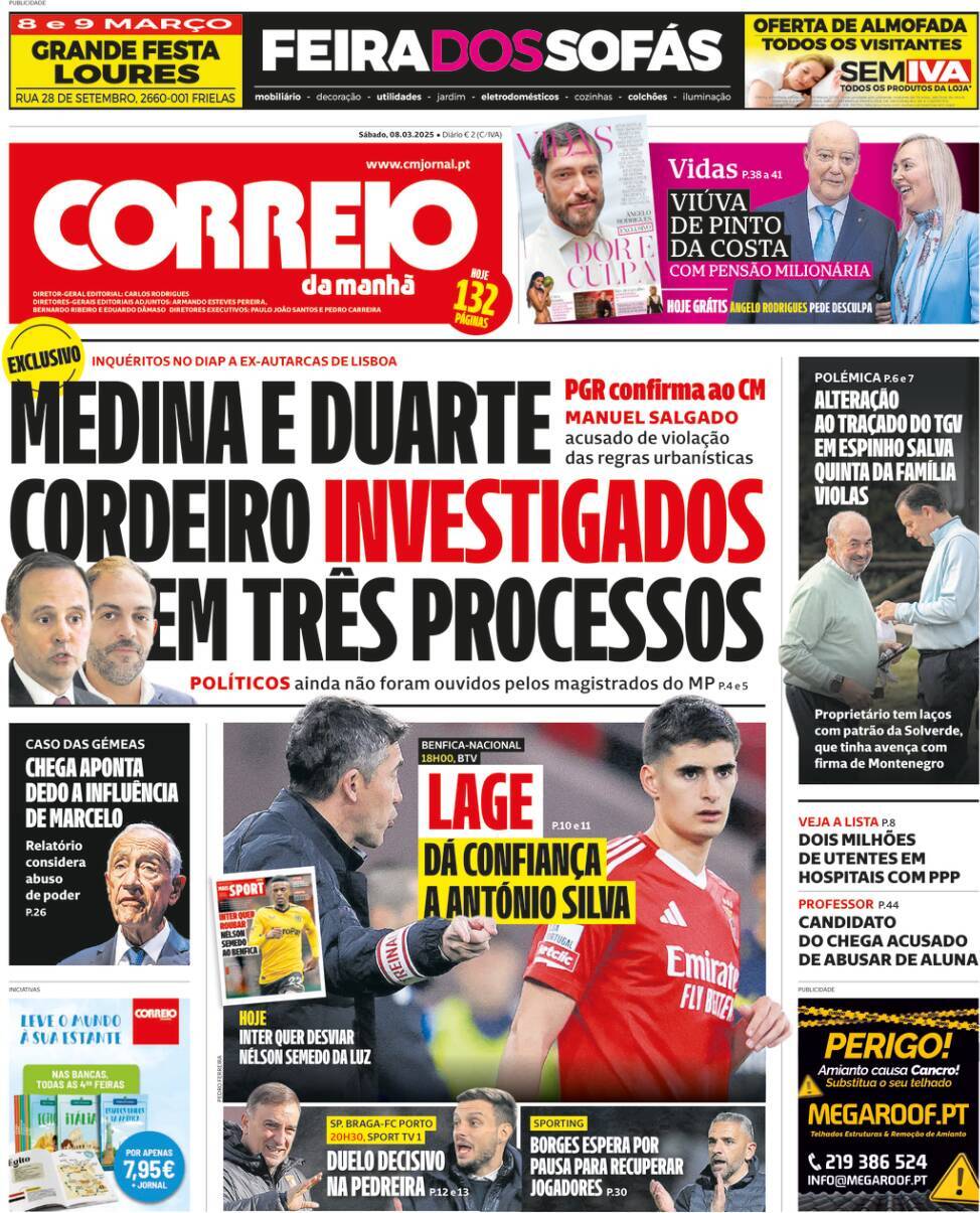 Correio da Manh&atilde;: Capa da Edi&ccedil;&atilde;o de s&aacute;bado, 08 de mar&ccedil;o 2025