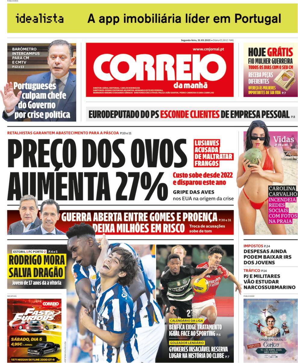 Correio da Manh&atilde;: Capa da Edi&ccedil;&atilde;o de segunda-feira, 31 de mar&ccedil;o 2025