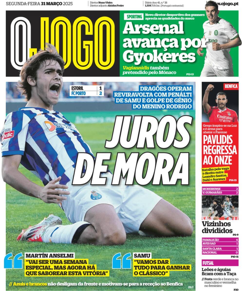 O Jogo: Capa da Edi&ccedil;&atilde;o de segunda-feira, 31 de mar&ccedil;o 2025