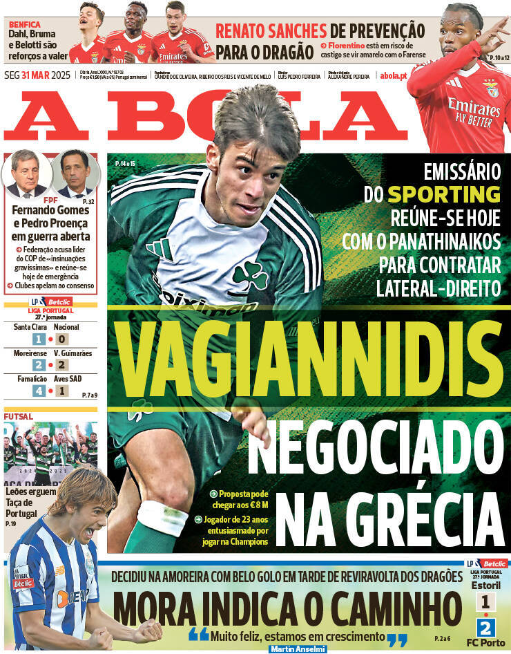 A Bola: Capa da Edi&ccedil;&atilde;o de segunda-feira, 31 de mar&ccedil;o 2025