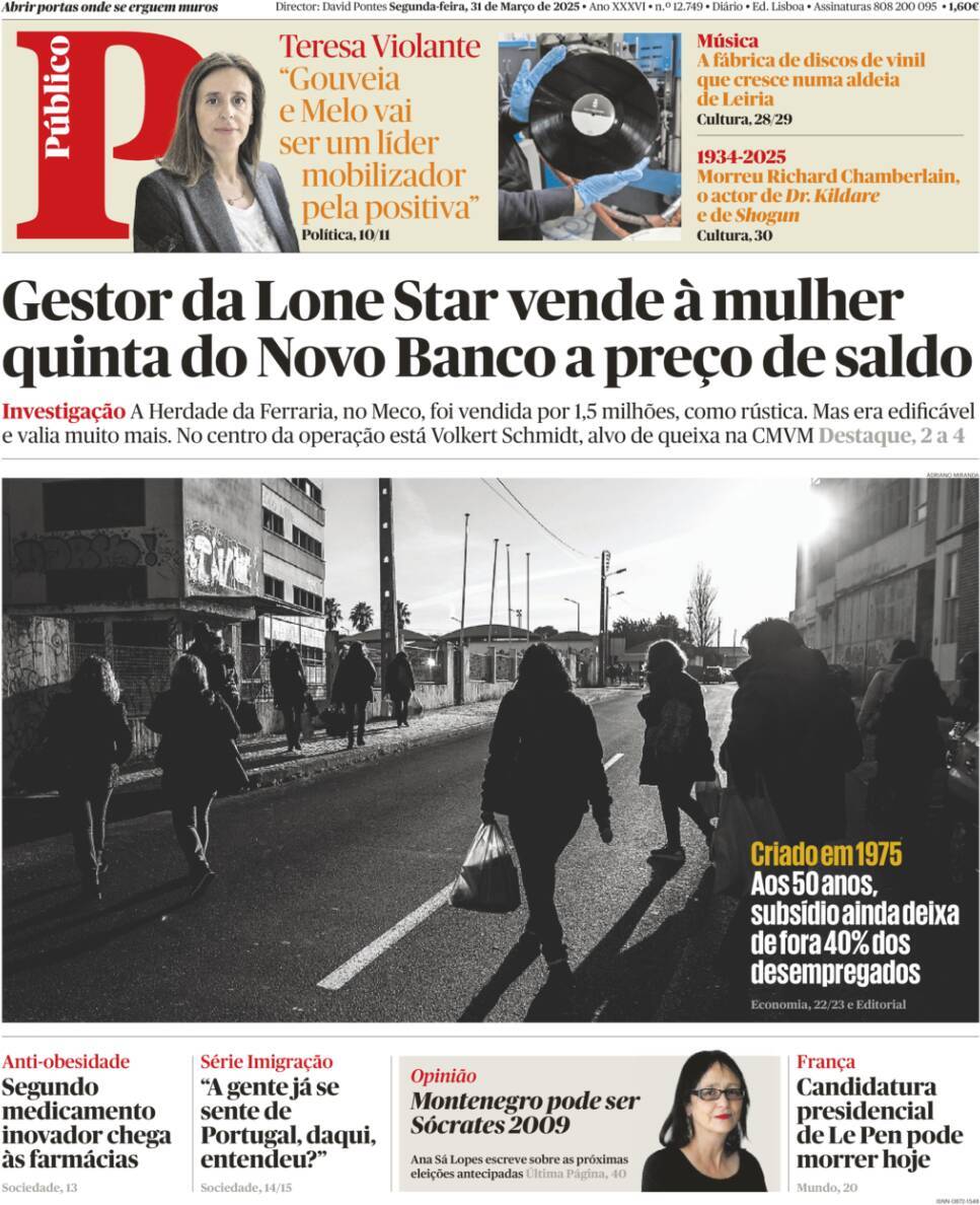 P&uacute;blico: Capa da Edi&ccedil;&atilde;o de segunda-feira, 31 de mar&ccedil;o 2025