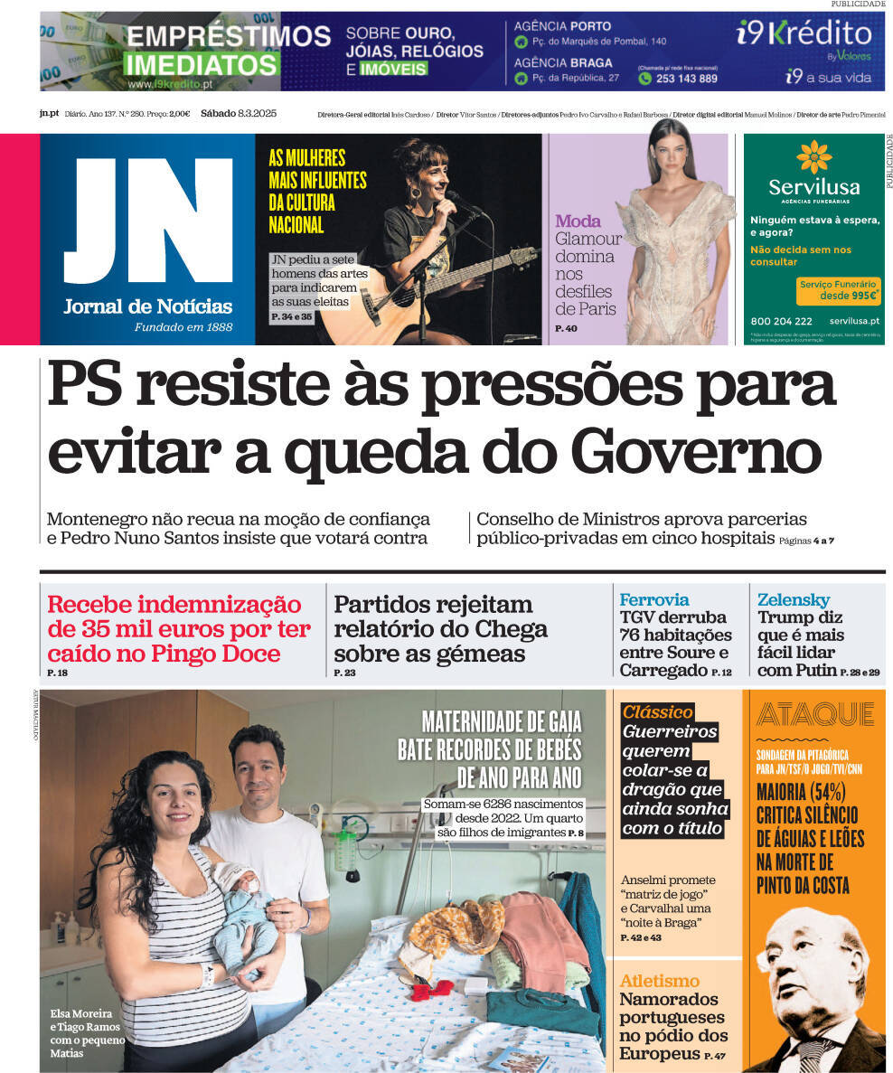 Jornal de Not&iacute;cias: Capa da Edi&ccedil;&atilde;o de s&aacute;bado, 08 de mar&ccedil;o 2025