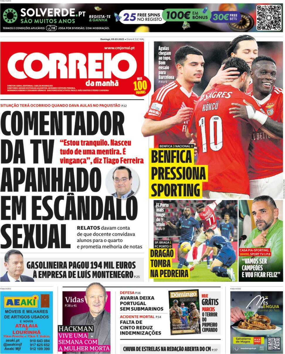 Correio da Manh&atilde;: Capa da Edi&ccedil;&atilde;o de domingo, 09 de mar&ccedil;o 2025