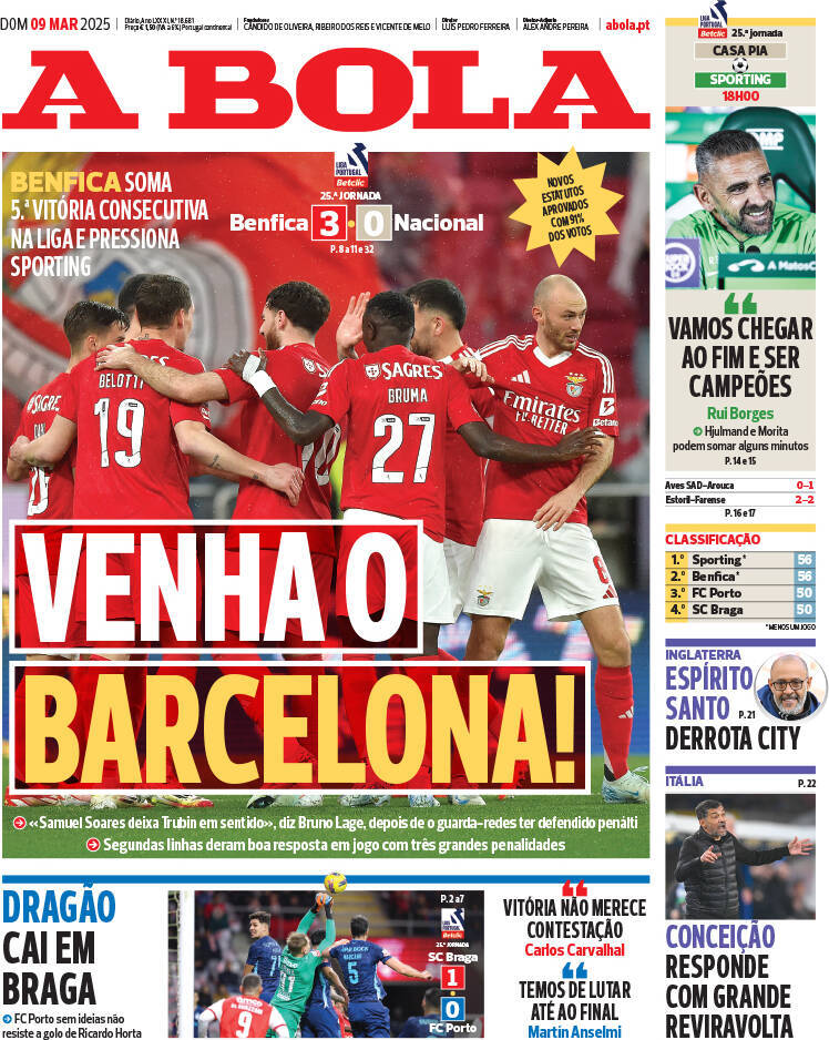 A Bola: Capa da Edi&ccedil;&atilde;o de domingo, 09 de mar&ccedil;o 2025