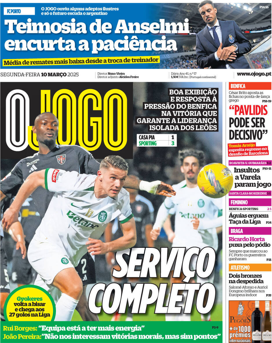 O Jogo: Capa da Edi&ccedil;&atilde;o de segunda-feira, 10 de mar&ccedil;o 2025