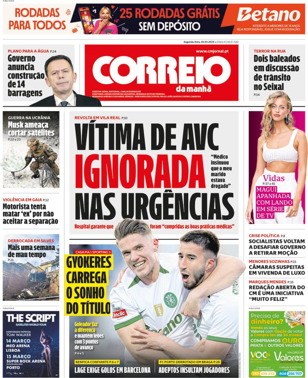 Correio da Manh&atilde;: Capa da Edi&ccedil;&atilde;o de segunda-feira, 10 de mar&ccedil;o 2025