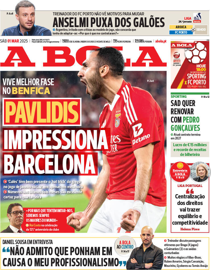 A Bola: Capa da Edi&ccedil;&atilde;o de s&aacute;bado, 01 de mar&ccedil;o 2025