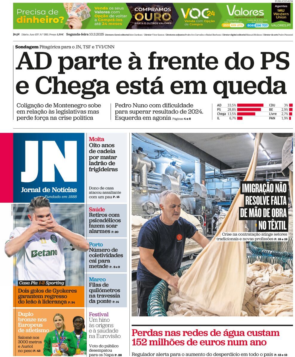 Jornal de Not&iacute;cias: Capa da Edi&ccedil;&atilde;o de segunda-feira, 10 de mar&ccedil;o 2025