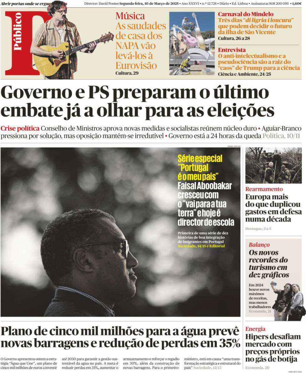 P&uacute;blico: Capa da Edi&ccedil;&atilde;o de segunda-feira, 10 de mar&ccedil;o 2025