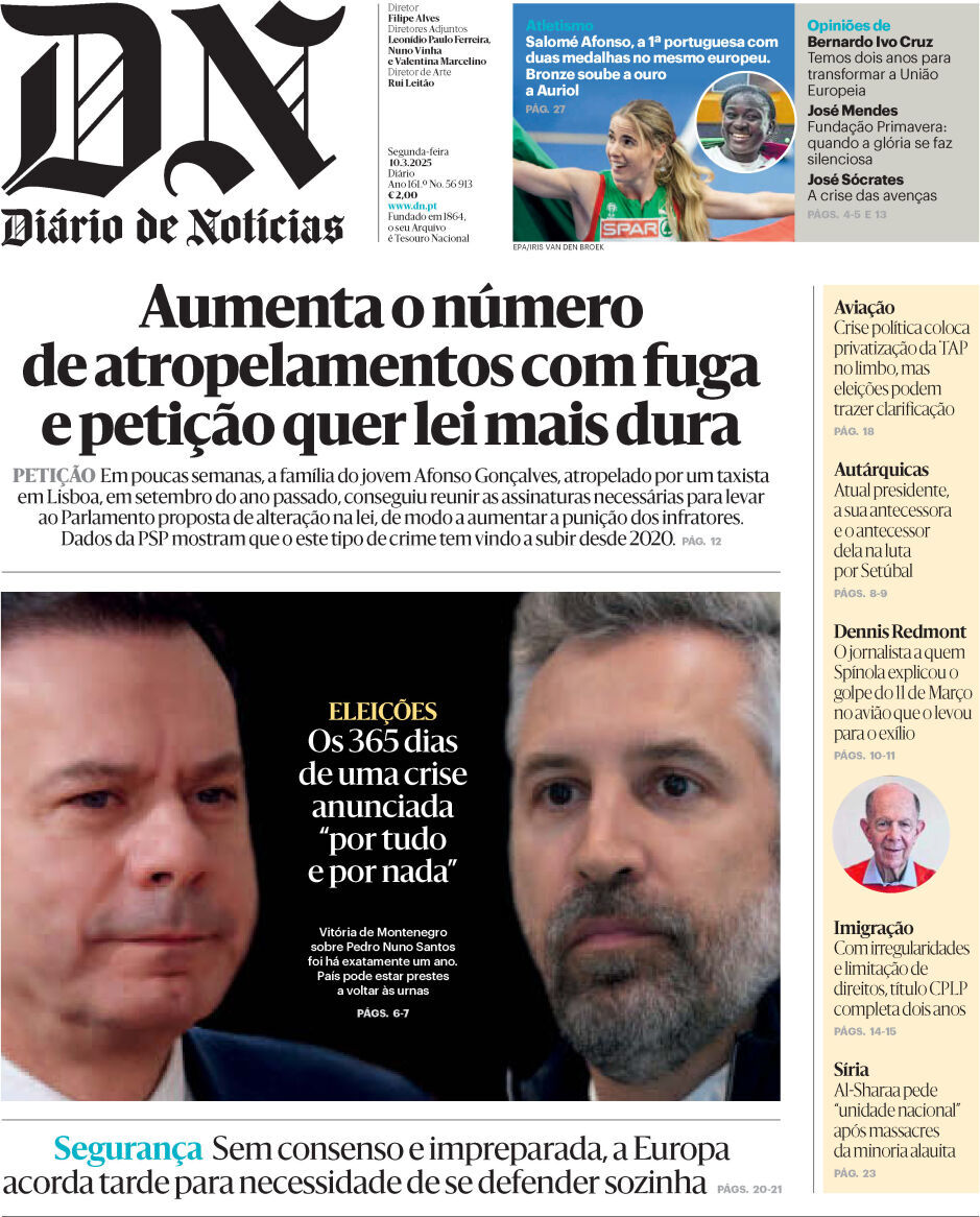 Di&aacute;rio de Not&iacute;cias: Capa da Edi&ccedil;&atilde;o de segunda-feira, 10 de mar&ccedil;o 2025