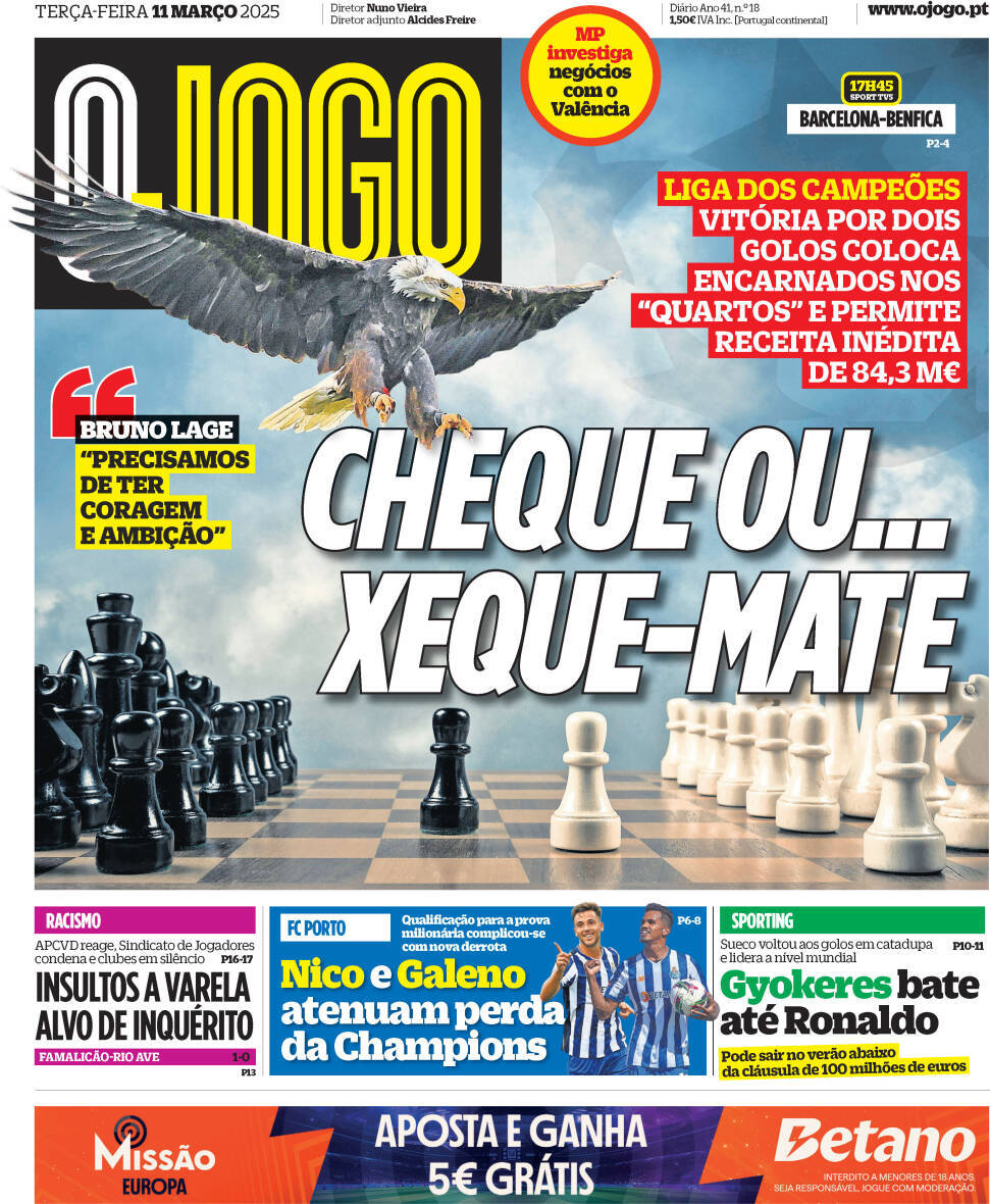 O Jogo: Capa da Edi&ccedil;&atilde;o de ter&ccedil;a-feira, 11 de mar&ccedil;o 2025