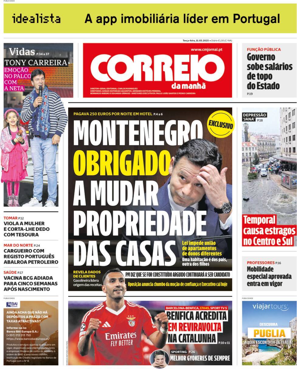 Correio da Manh&atilde;: Capa da Edi&ccedil;&atilde;o de ter&ccedil;a-feira, 11 de mar&ccedil;o 2025