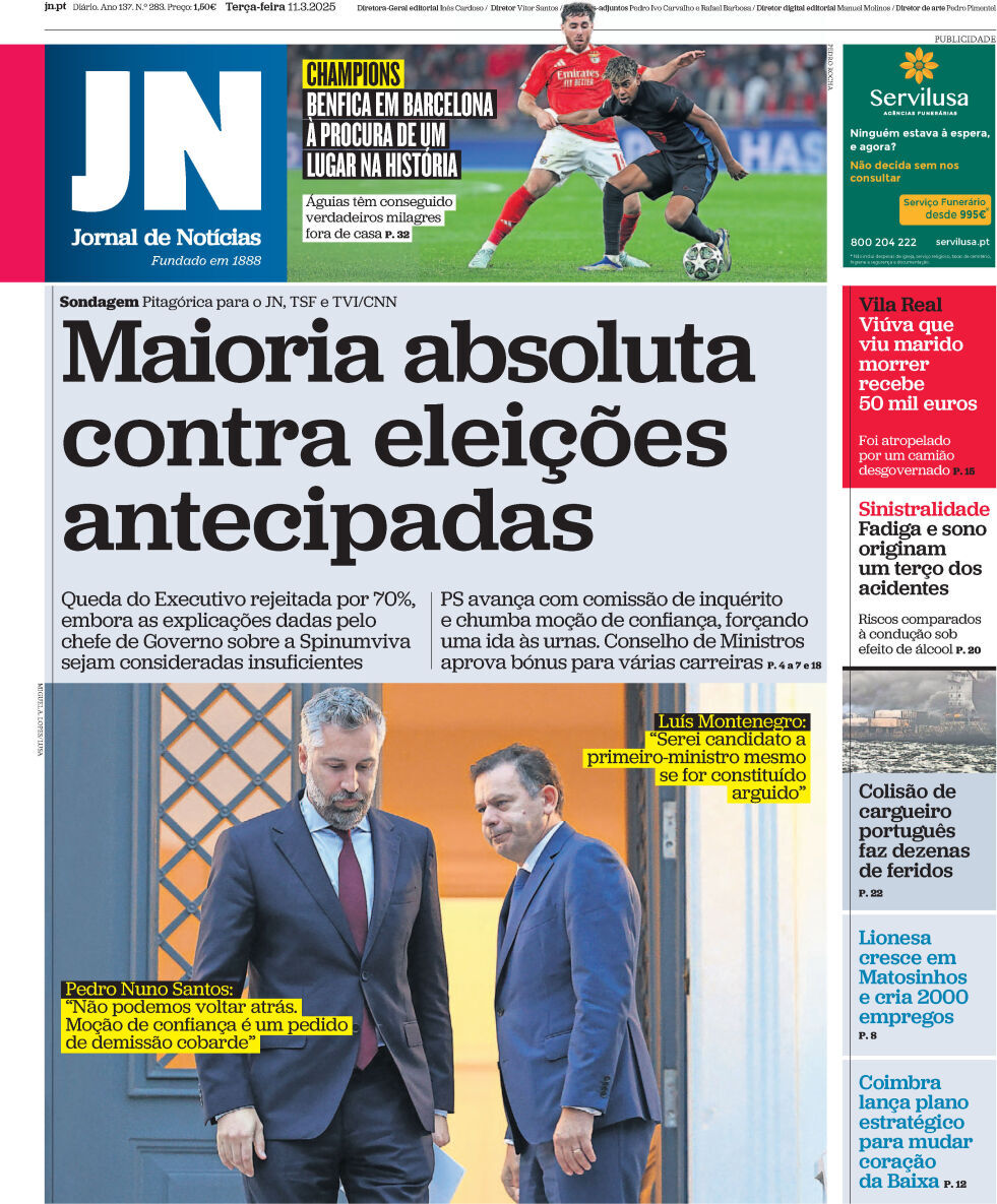 Jornal de Not&iacute;cias: Capa da Edi&ccedil;&atilde;o de ter&ccedil;a-feira, 11 de mar&ccedil;o 2025