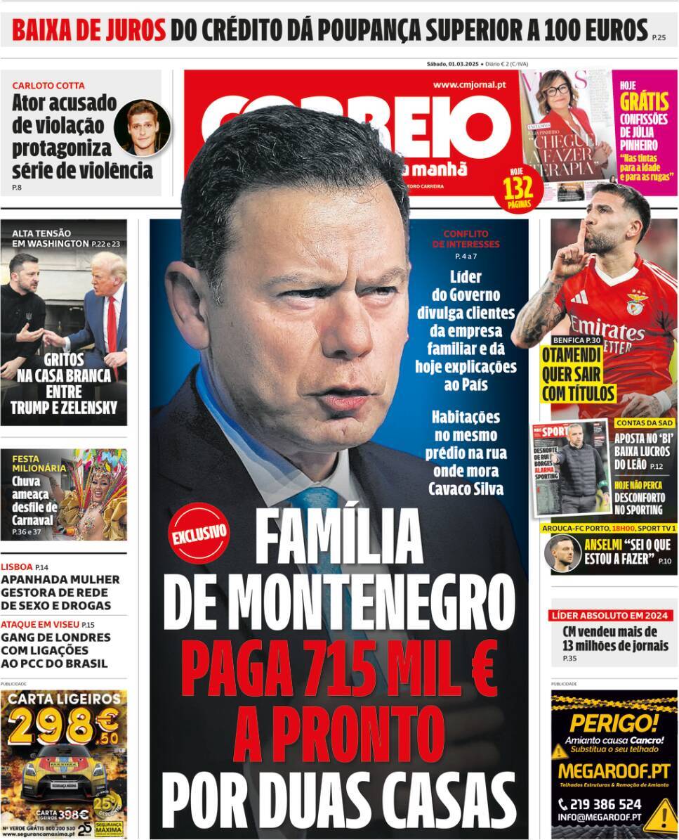 Correio da Manh&atilde;: Capa da Edi&ccedil;&atilde;o de s&aacute;bado, 01 de mar&ccedil;o 2025
