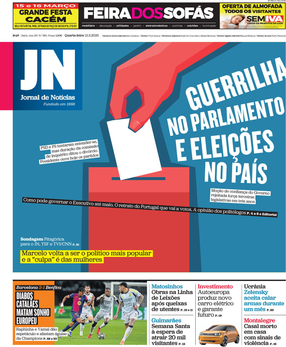 Jornal de Not&iacute;cias: Capa da Edi&ccedil;&atilde;o de quarta-feira, 12 de mar&ccedil;o 2025