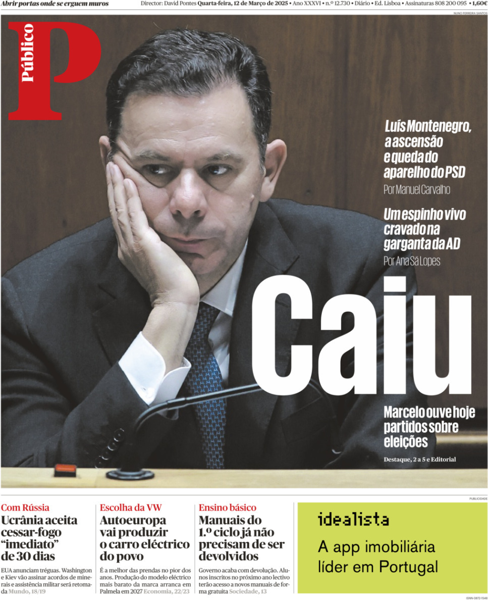 P&uacute;blico: Capa da Edi&ccedil;&atilde;o de quarta-feira, 12 de mar&ccedil;o 2025