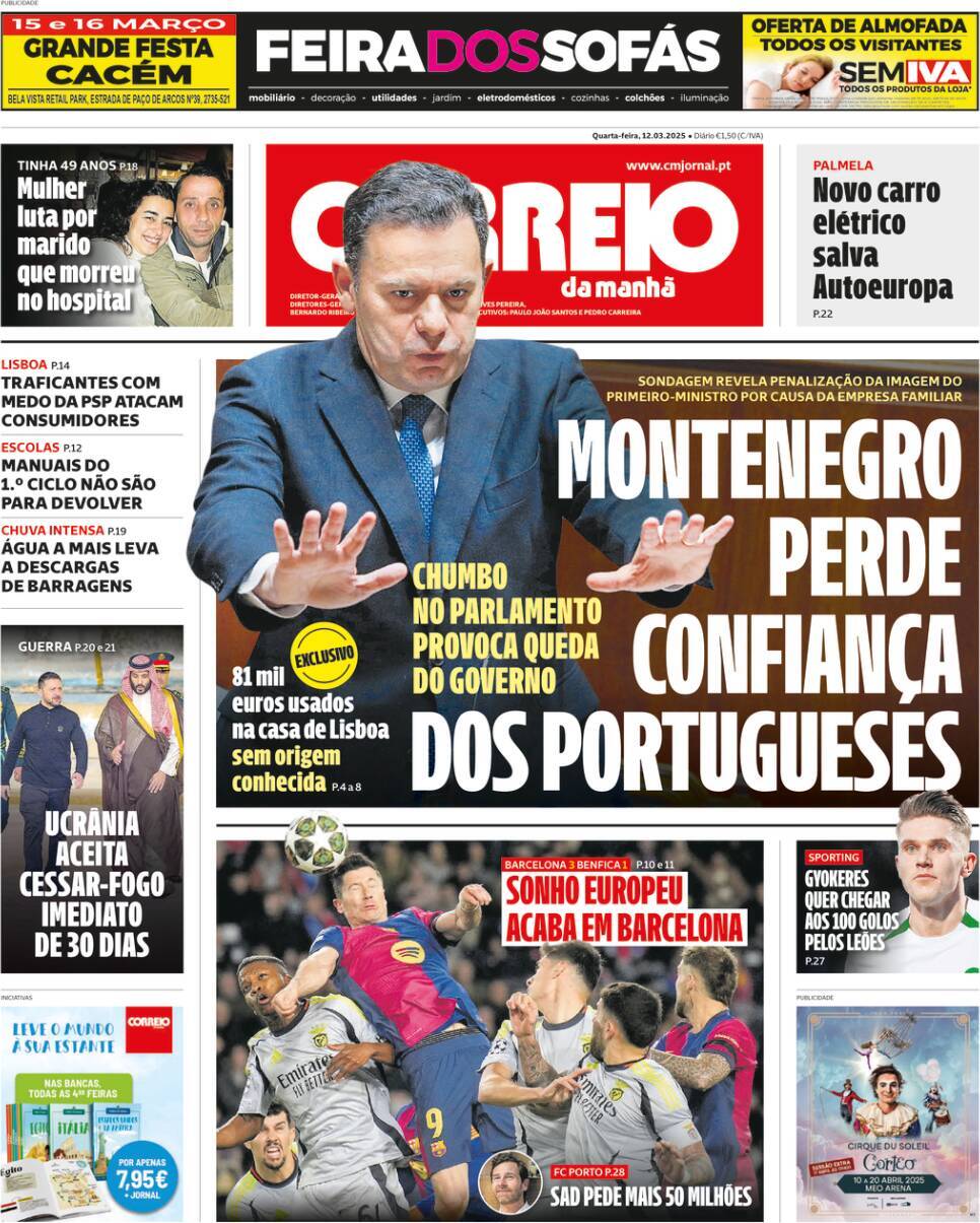 Correio da Manh&atilde;: Capa da Edi&ccedil;&atilde;o de quarta-feira, 12 de mar&ccedil;o 2025