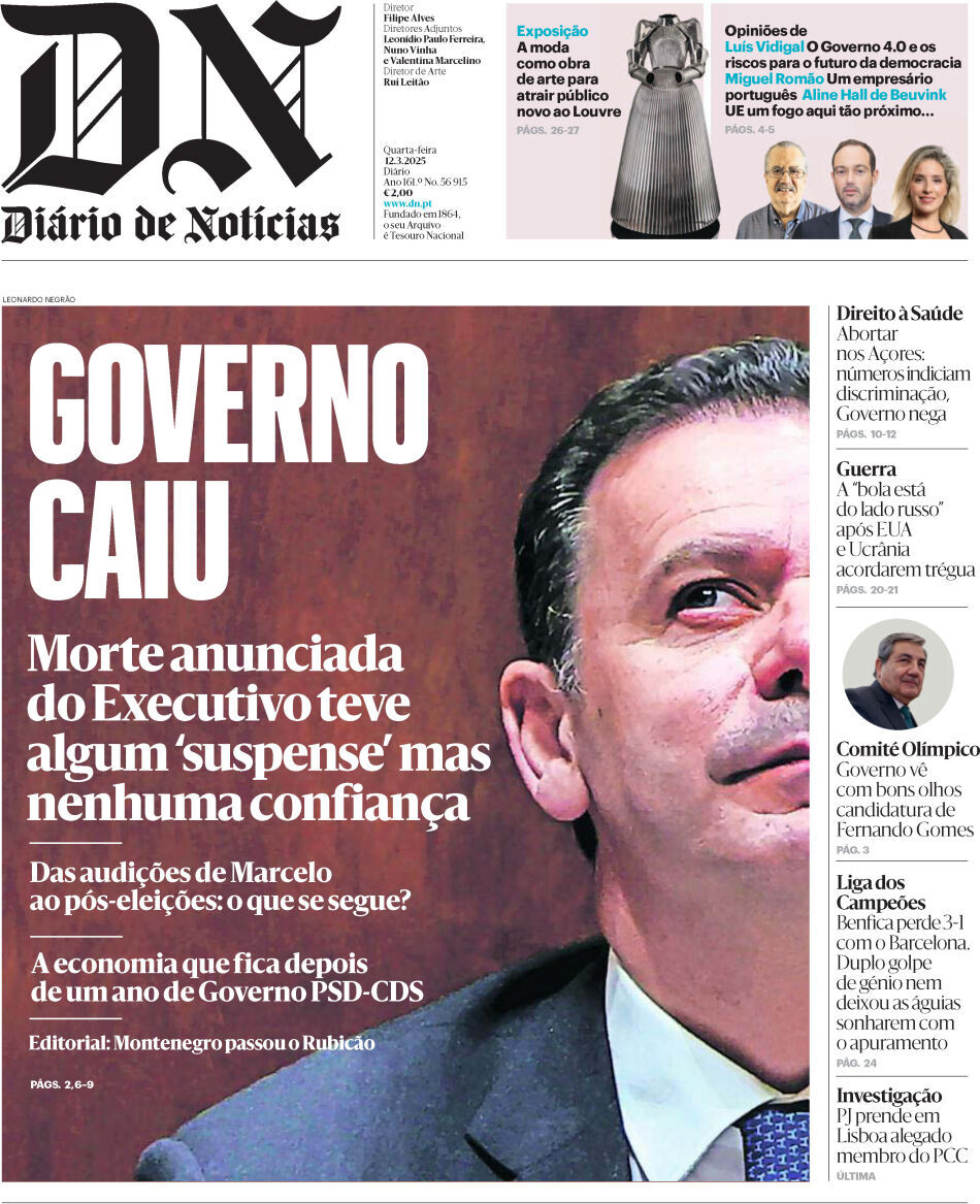 Di&aacute;rio de Not&iacute;cias: Capa da Edi&ccedil;&atilde;o de quarta-feira, 12 de mar&ccedil;o 2025