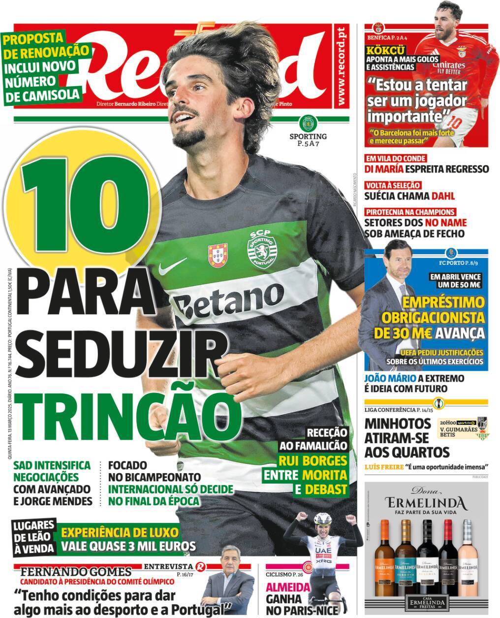 Record: Capa da Edi&ccedil;&atilde;o de quinta-feira, 13 de mar&ccedil;o 2025