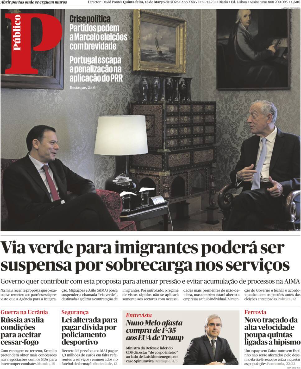 P&uacute;blico: Capa da Edi&ccedil;&atilde;o de quinta-feira, 13 de mar&ccedil;o 2025