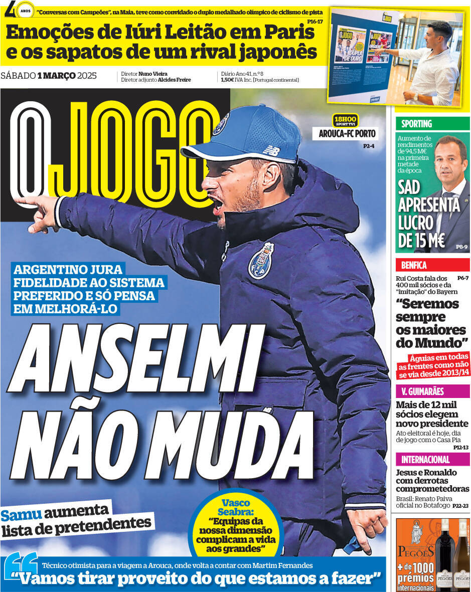 O Jogo: Capa da Edi&ccedil;&atilde;o de s&aacute;bado, 01 de mar&ccedil;o 2025