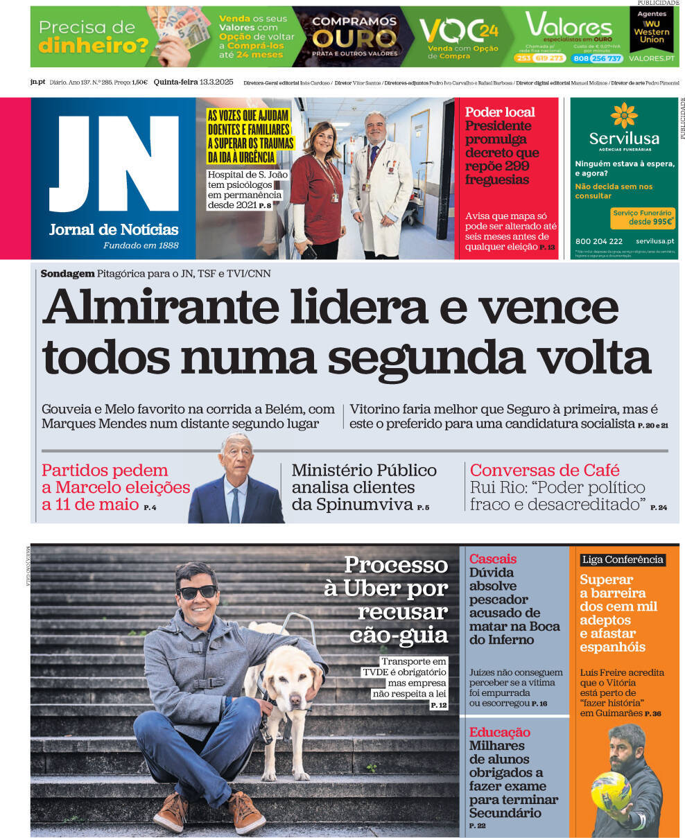 Jornal de Not&iacute;cias: Capa da Edi&ccedil;&atilde;o de quinta-feira, 13 de mar&ccedil;o 2025