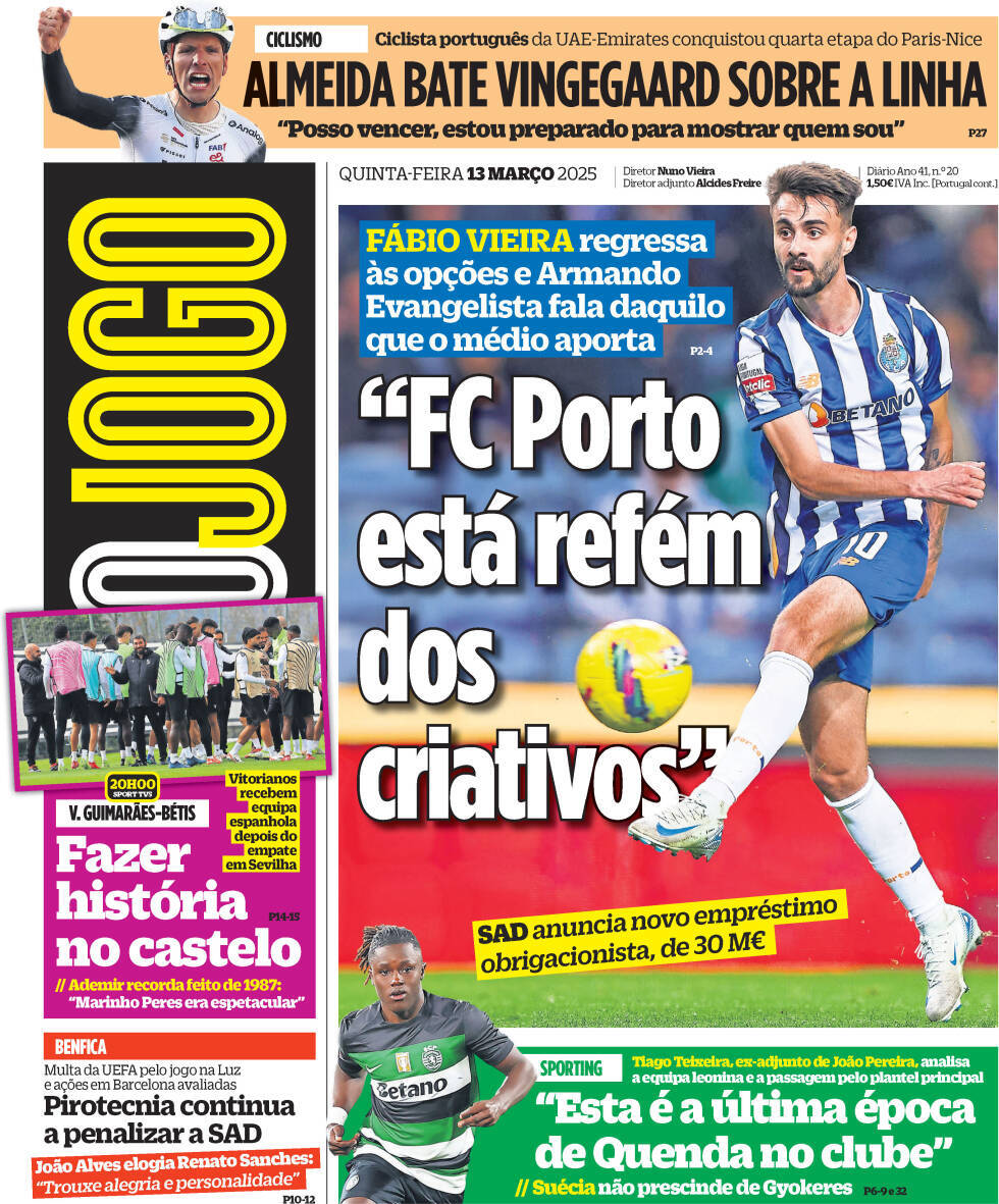 O Jogo: Capa da Edi&ccedil;&atilde;o de quinta-feira, 13 de mar&ccedil;o 2025