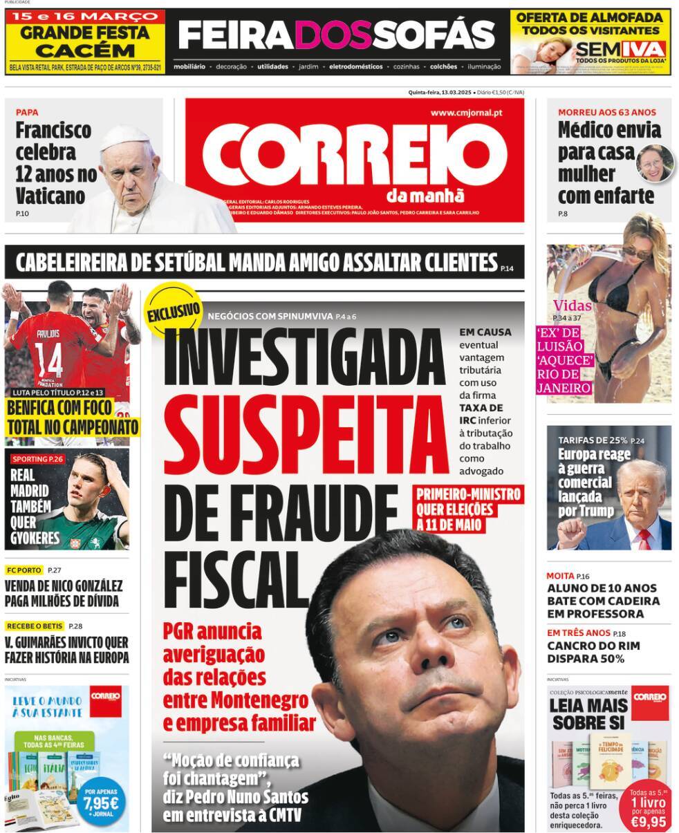 Correio da Manh&atilde;: Capa da Edi&ccedil;&atilde;o de quinta-feira, 13 de mar&ccedil;o 2025