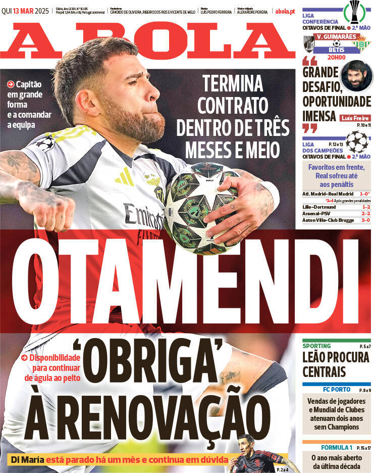 A Bola: Capa da Edi&ccedil;&atilde;o de quinta-feira, 13 de mar&ccedil;o 2025