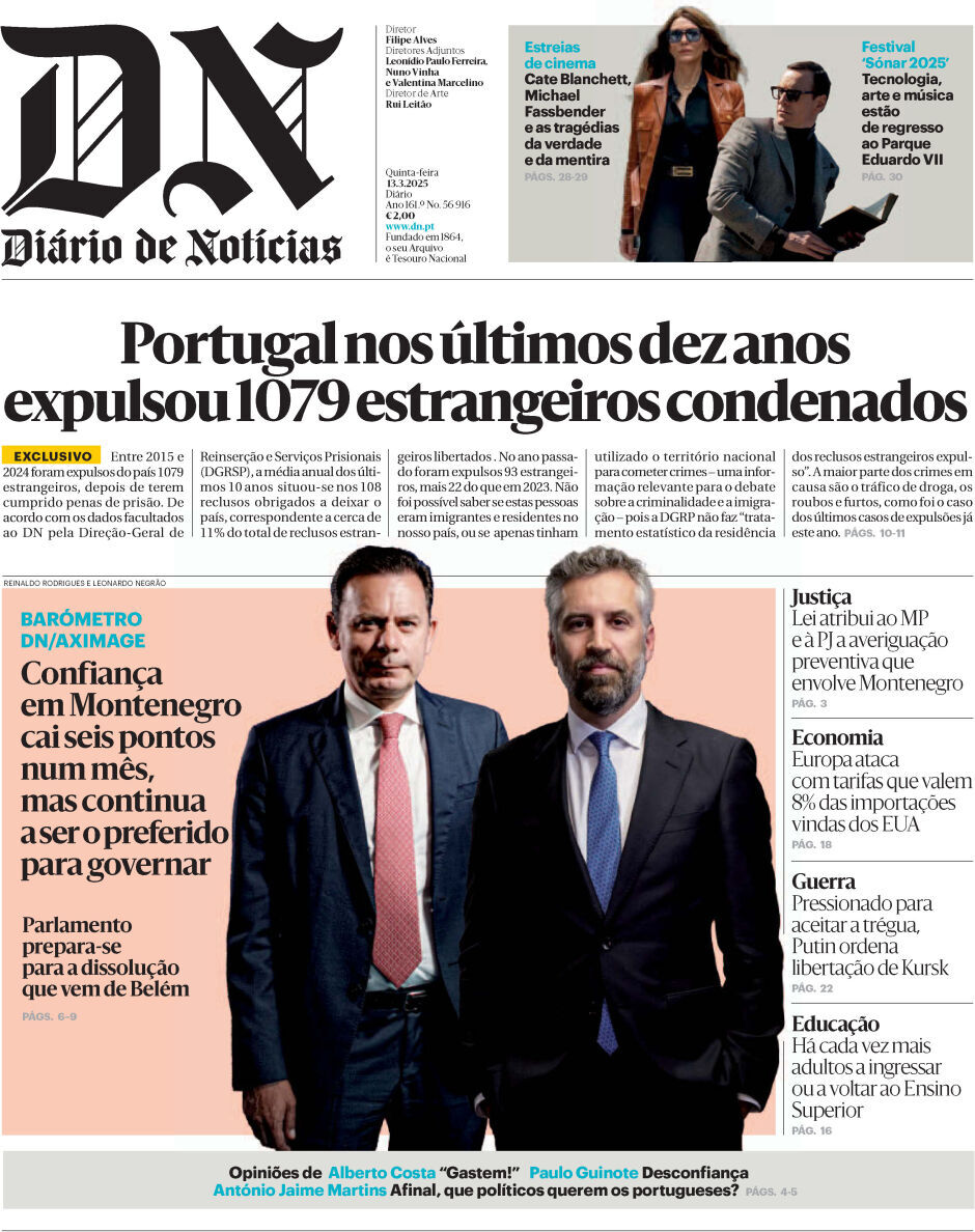 Di&aacute;rio de Not&iacute;cias: Capa da Edi&ccedil;&atilde;o de quinta-feira, 13 de mar&ccedil;o 2025