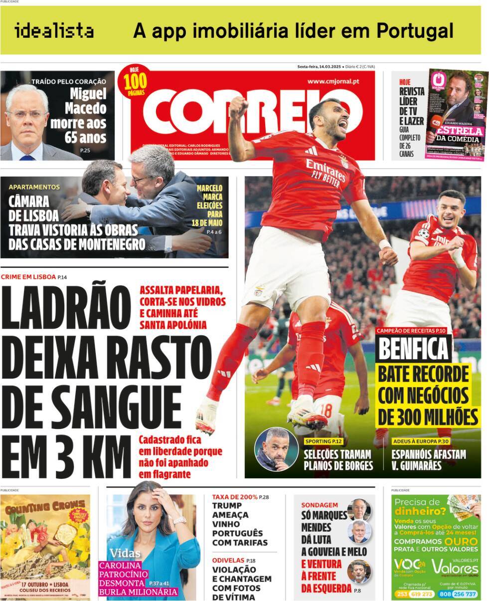Correio da Manh&atilde;: Capa da Edi&ccedil;&atilde;o de sexta-feira, 14 de mar&ccedil;o 2025