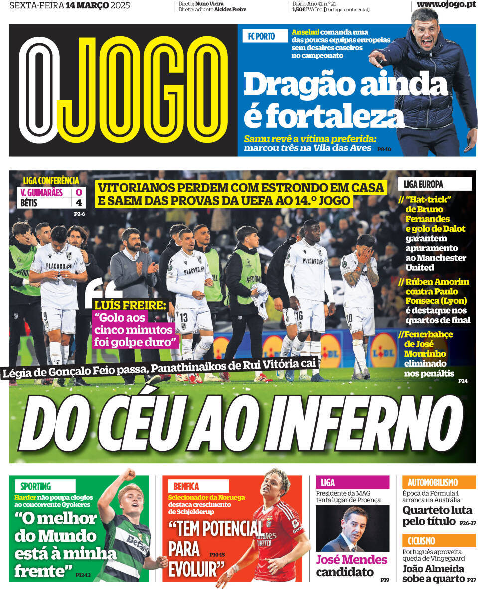 O Jogo: Capa da Edi&ccedil;&atilde;o de sexta-feira, 14 de mar&ccedil;o 2025