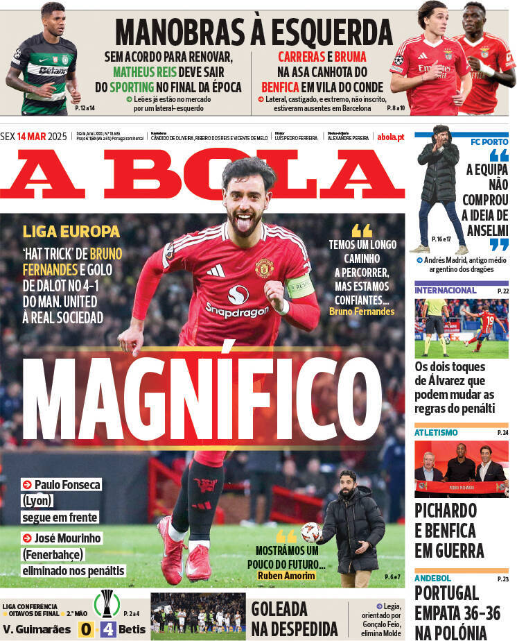 A Bola: Capa da Edi&ccedil;&atilde;o de sexta-feira, 14 de mar&ccedil;o 2025