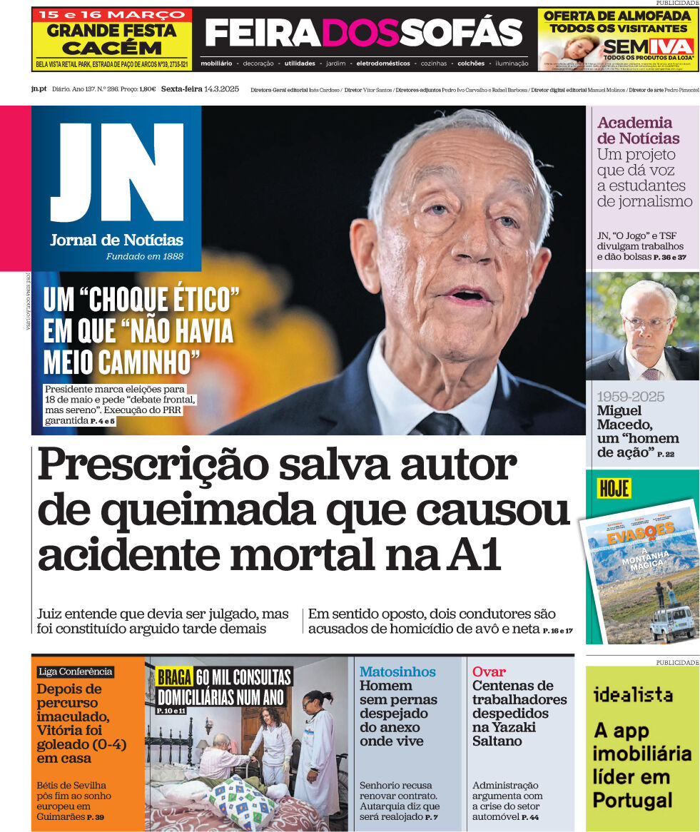 Jornal de Not&iacute;cias: Capa da Edi&ccedil;&atilde;o de sexta-feira, 14 de mar&ccedil;o 2025