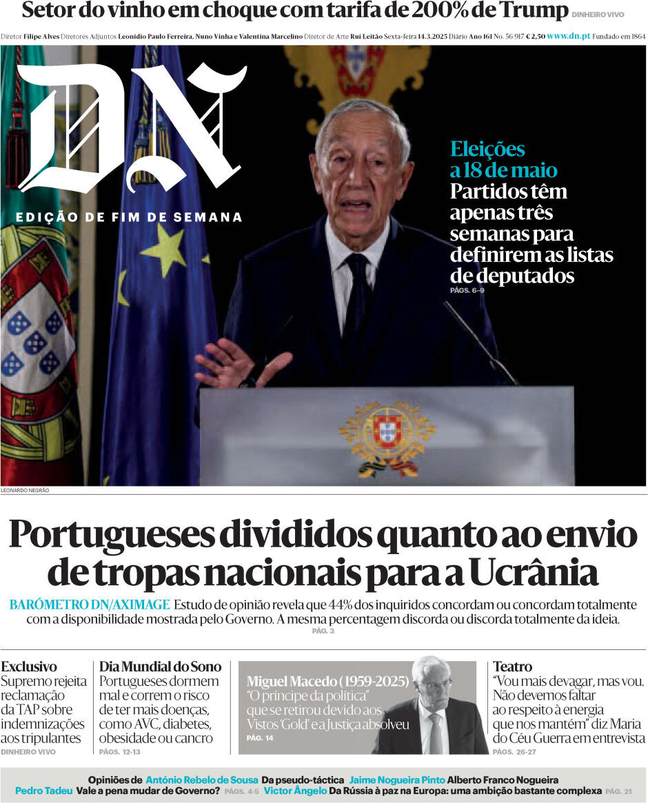 Di&aacute;rio de Not&iacute;cias: Capa da Edi&ccedil;&atilde;o de sexta-feira, 14 de mar&ccedil;o 2025