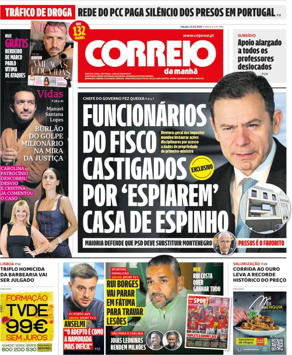 Correio da Manh&atilde;: Capa da Edi&ccedil;&atilde;o de s&aacute;bado, 15 de mar&ccedil;o 2025