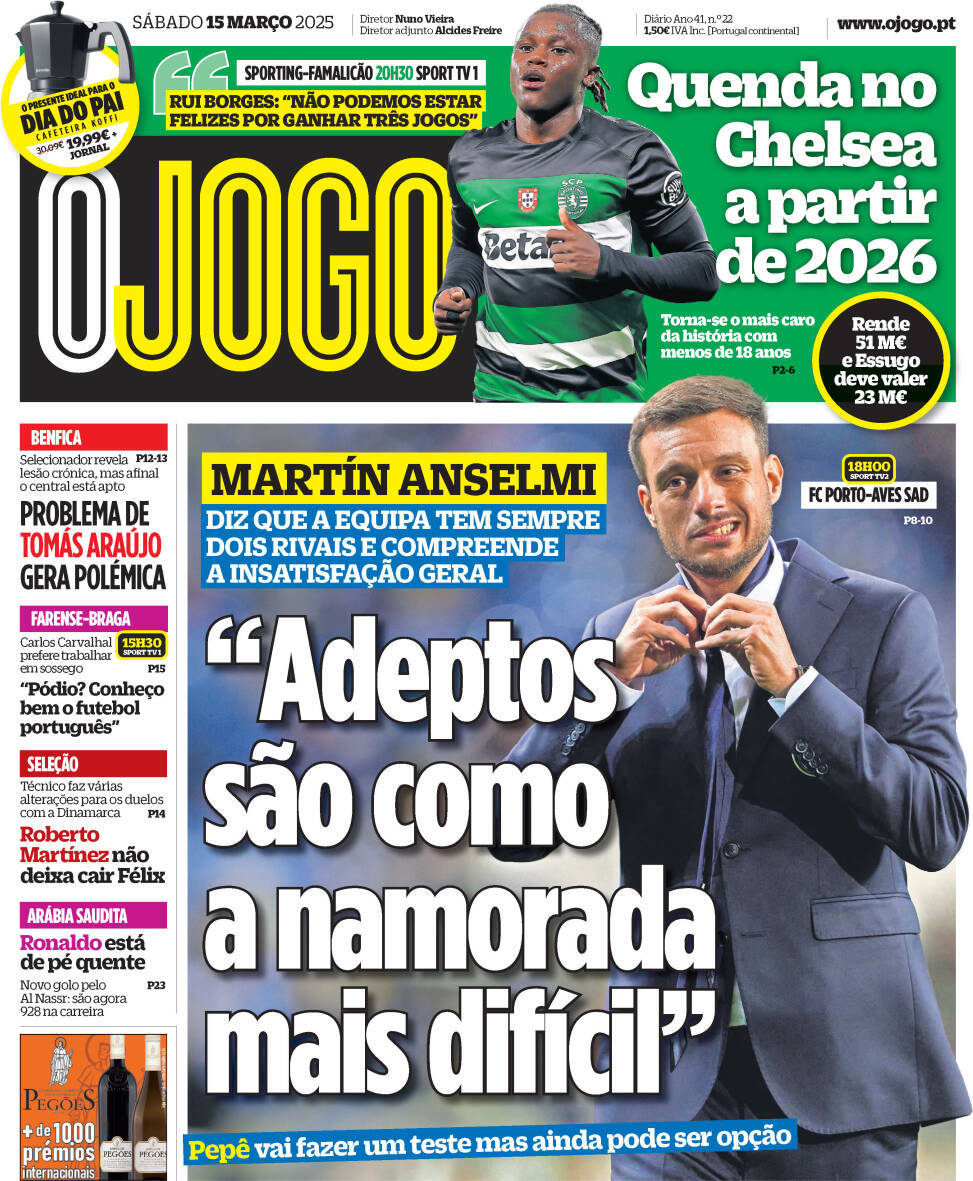 O Jogo: Capa da Edi&ccedil;&atilde;o de s&aacute;bado, 15 de mar&ccedil;o 2025
