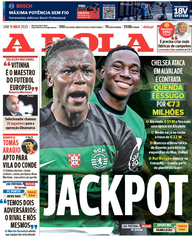 A Bola: Capa da Edi&ccedil;&atilde;o de s&aacute;bado, 15 de mar&ccedil;o 2025