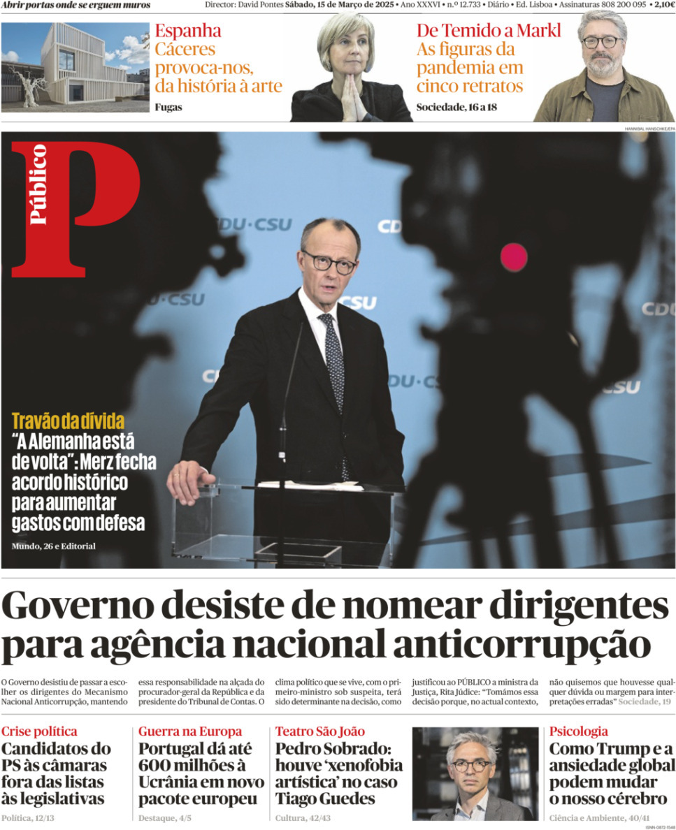 P&uacute;blico: Capa da Edi&ccedil;&atilde;o de s&aacute;bado, 15 de mar&ccedil;o 2025